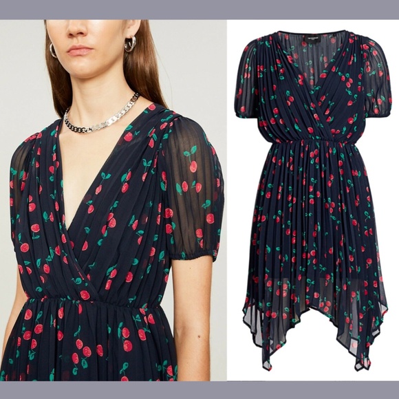 NWT $388 The Kooples [ 4‎ (XL) ] V-Neck Cherry Print Asymmetric Dress #G903 - Picture 4 of 14